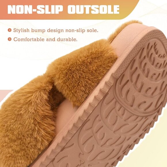 Women's Brown Fleece Fuzzy Fur Criss Cross Open Band Cozy Slippers Shoes - Picture 8 of 9